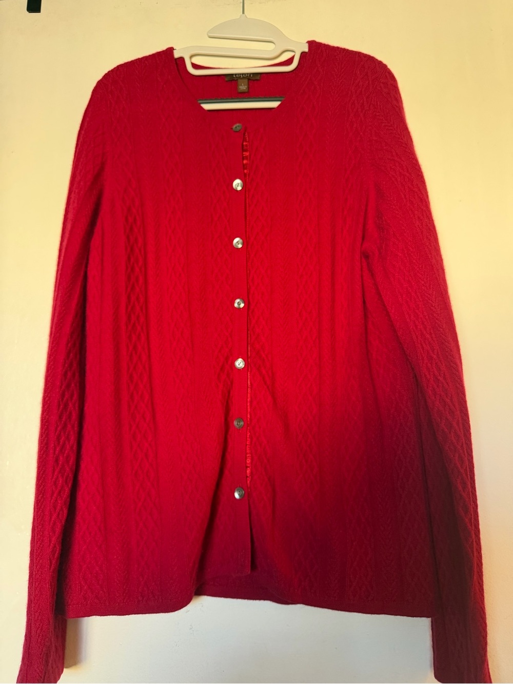 100% Cashmere Red Textured Button Front Cardigan Sweater Size Large